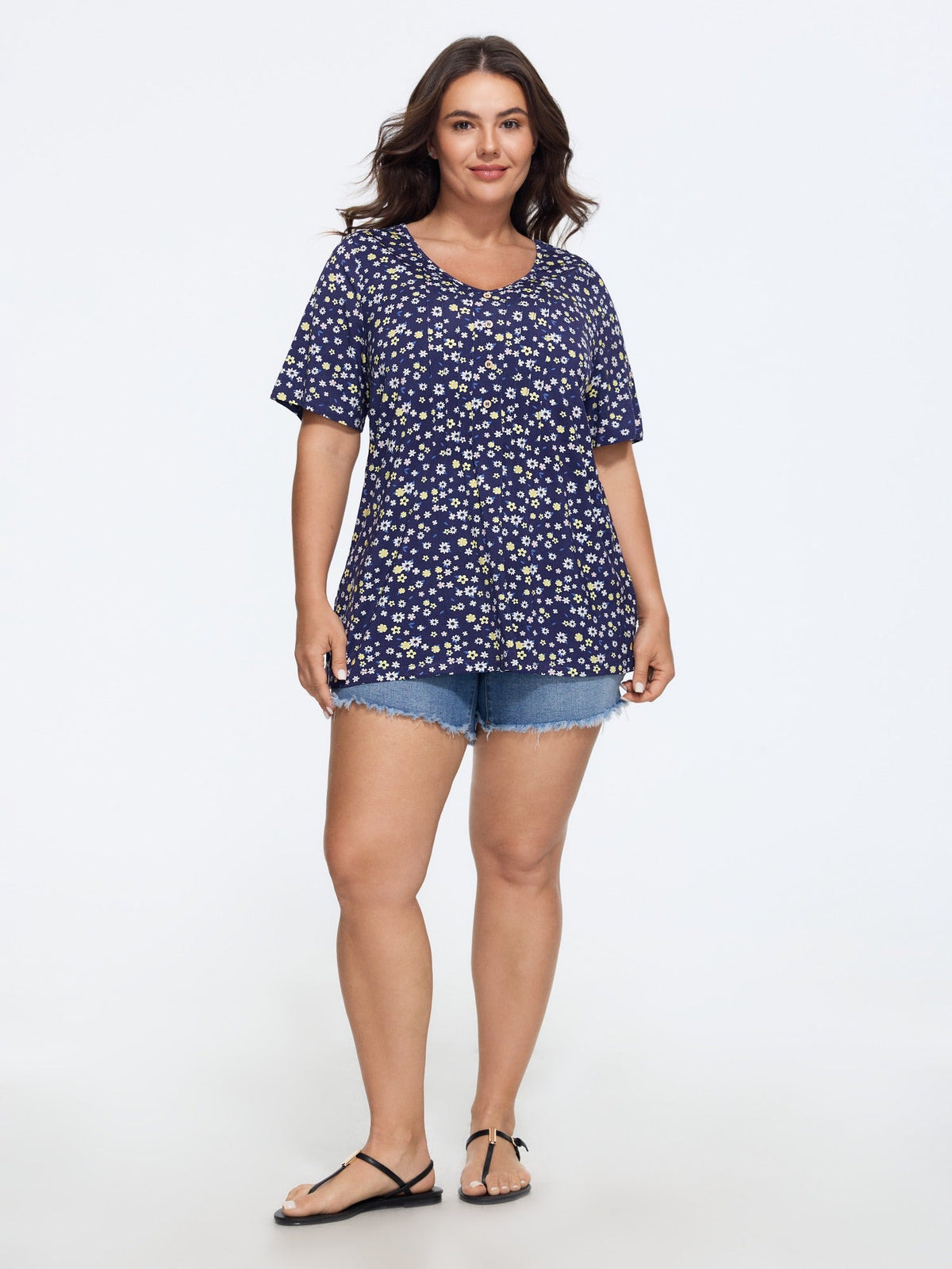 Supersoft Ditsy Floral Print V Neck Button T-Shirt