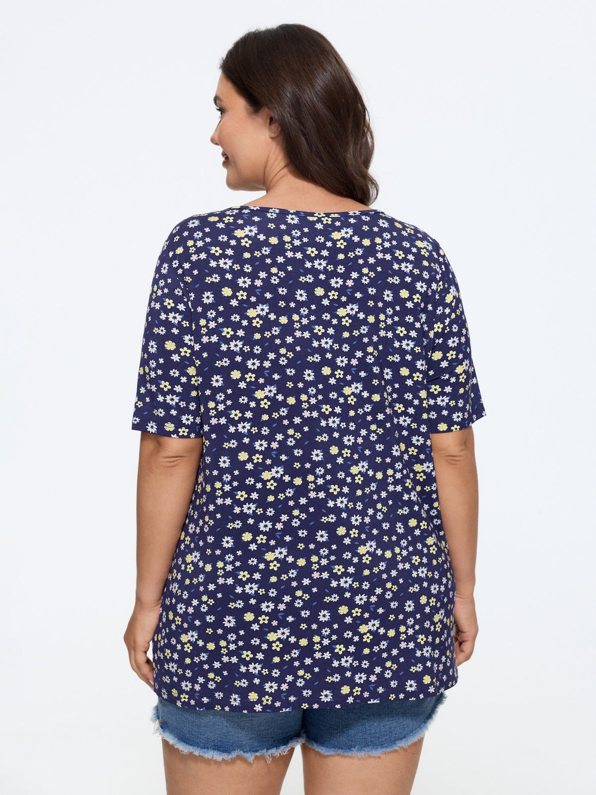 Supersoft Ditsy Floral Print V Neck Button T-Shirt