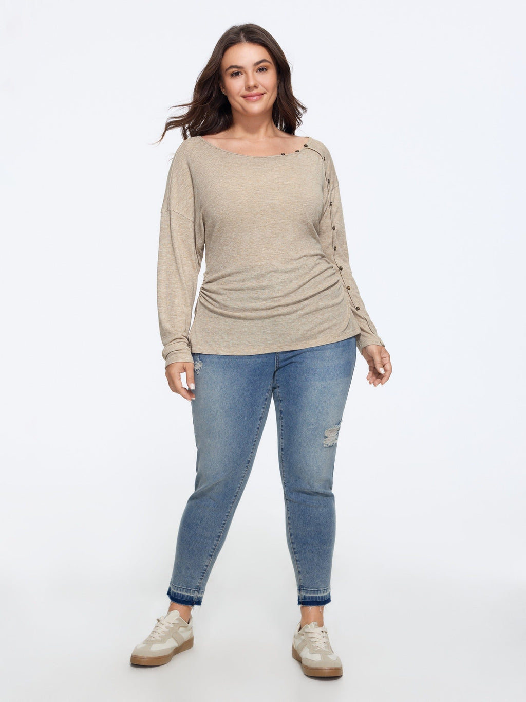 Asymmetric Neck Button Detail Long Sleeve T-Shirt