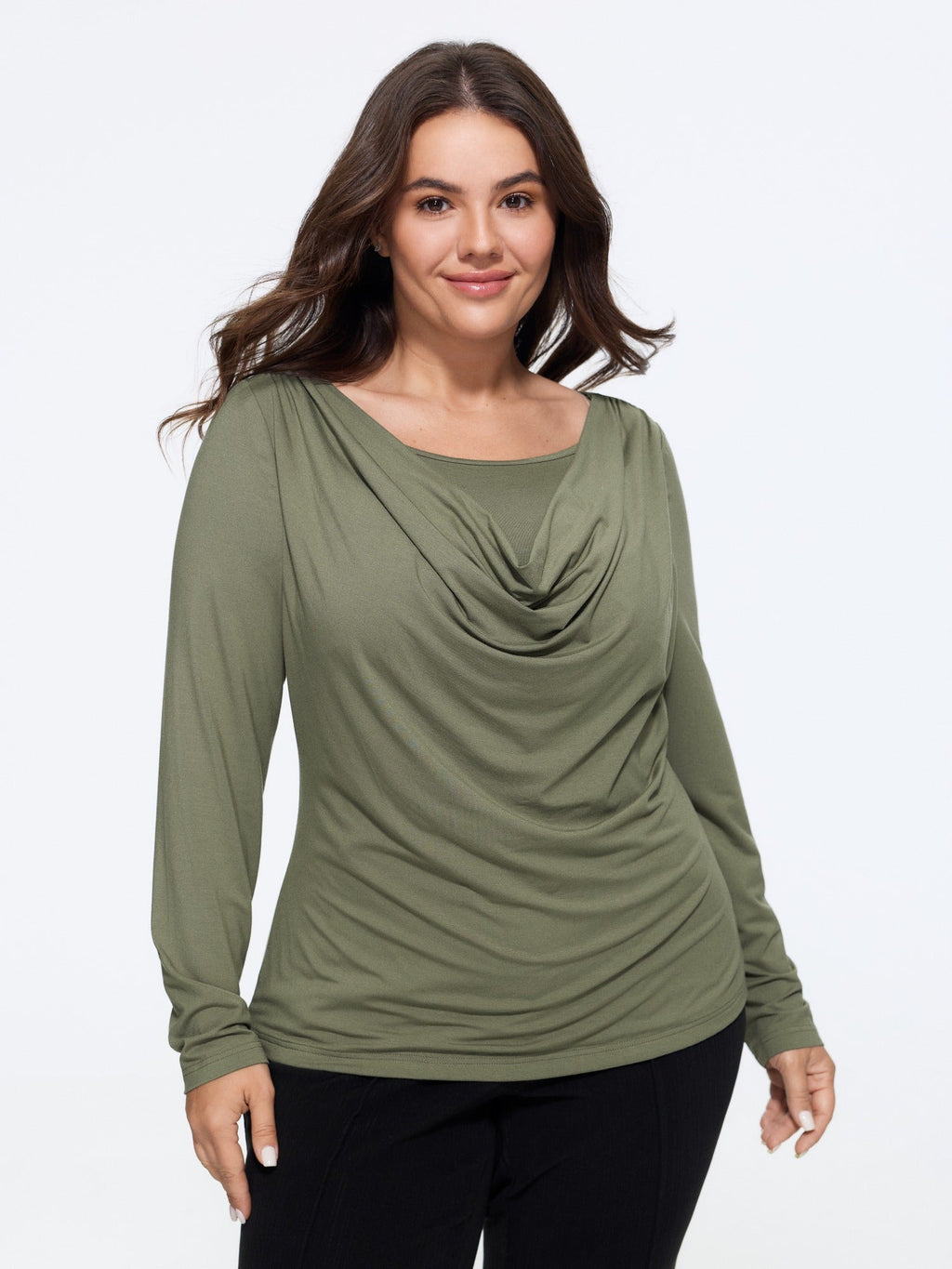 Supersoft Cowl Neck Draped Long Sleeve Fitted T-Shirt