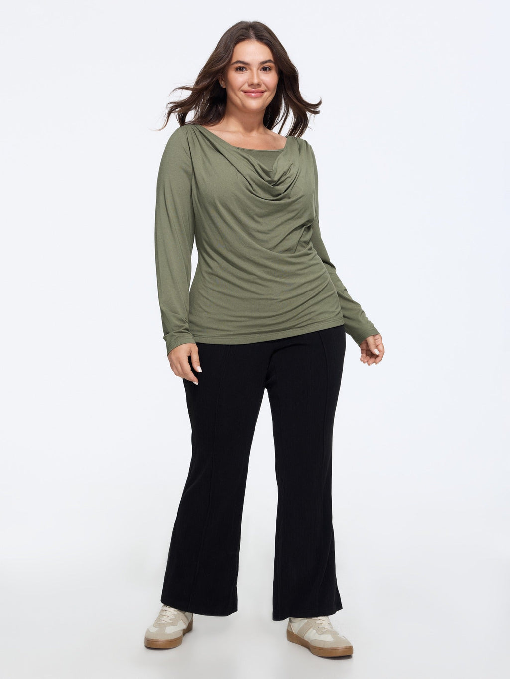Supersoft Cowl Neck Draped Long Sleeve Fitted T-Shirt