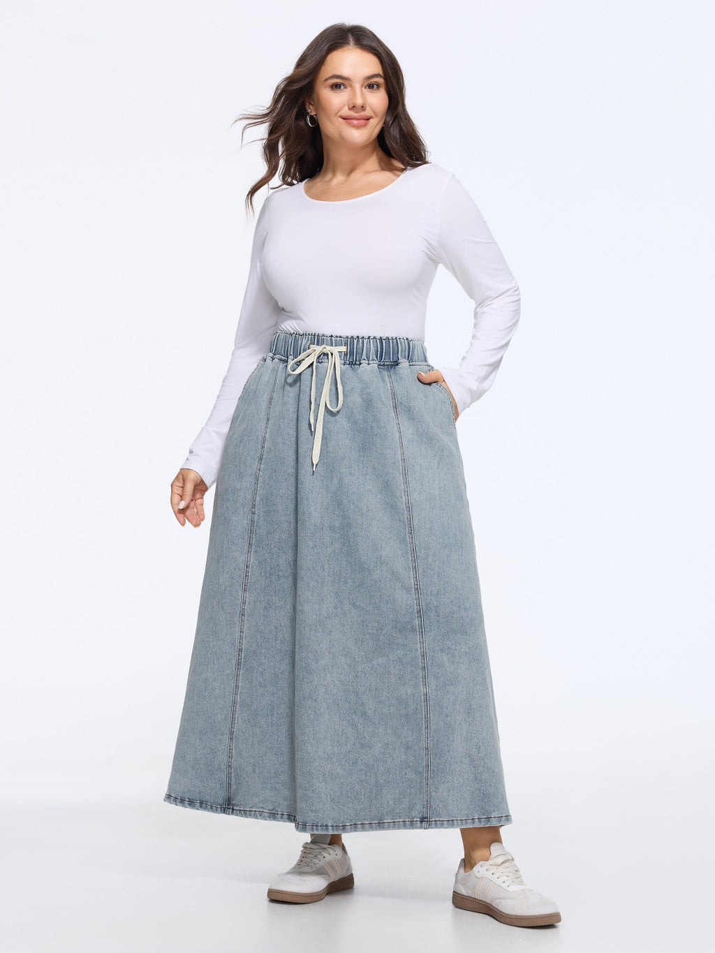Drawstring Elastic Waist Washed Denim Midi Skirt
