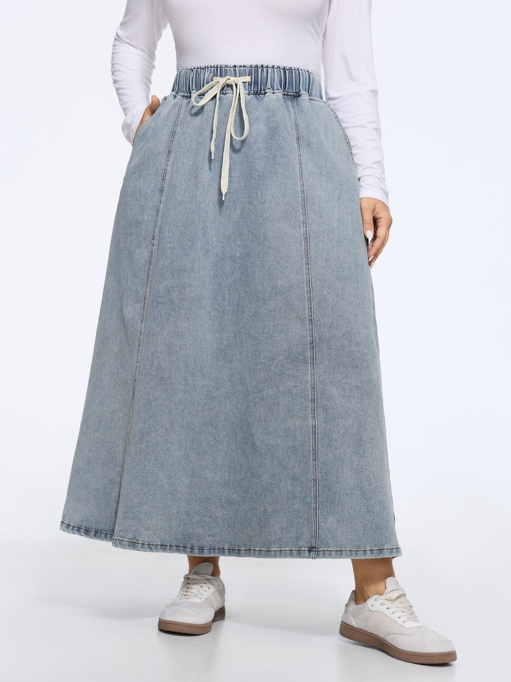 Drawstring Elastic Waist Washed Denim Midi Skirt