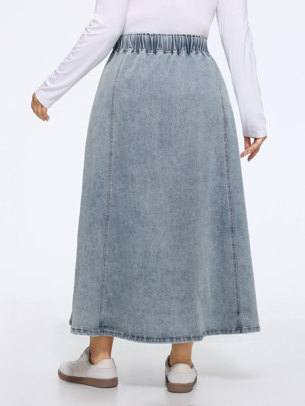 Drawstring Elastic Waist Washed Denim Midi Skirt