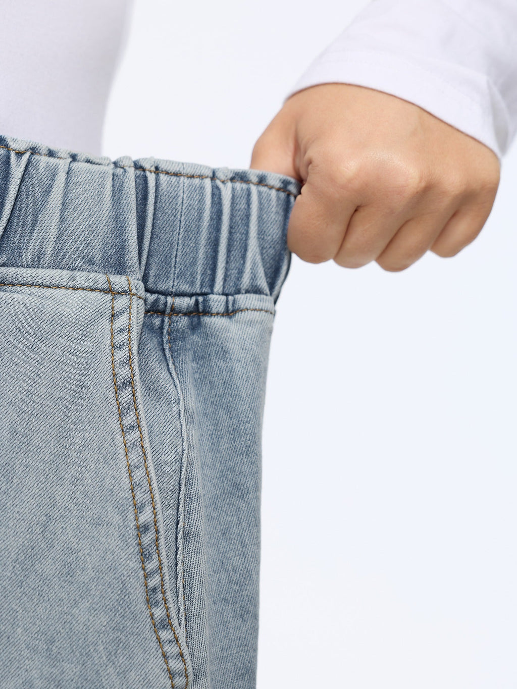 Drawstring Elastic Waist Washed Denim Midi Skirt