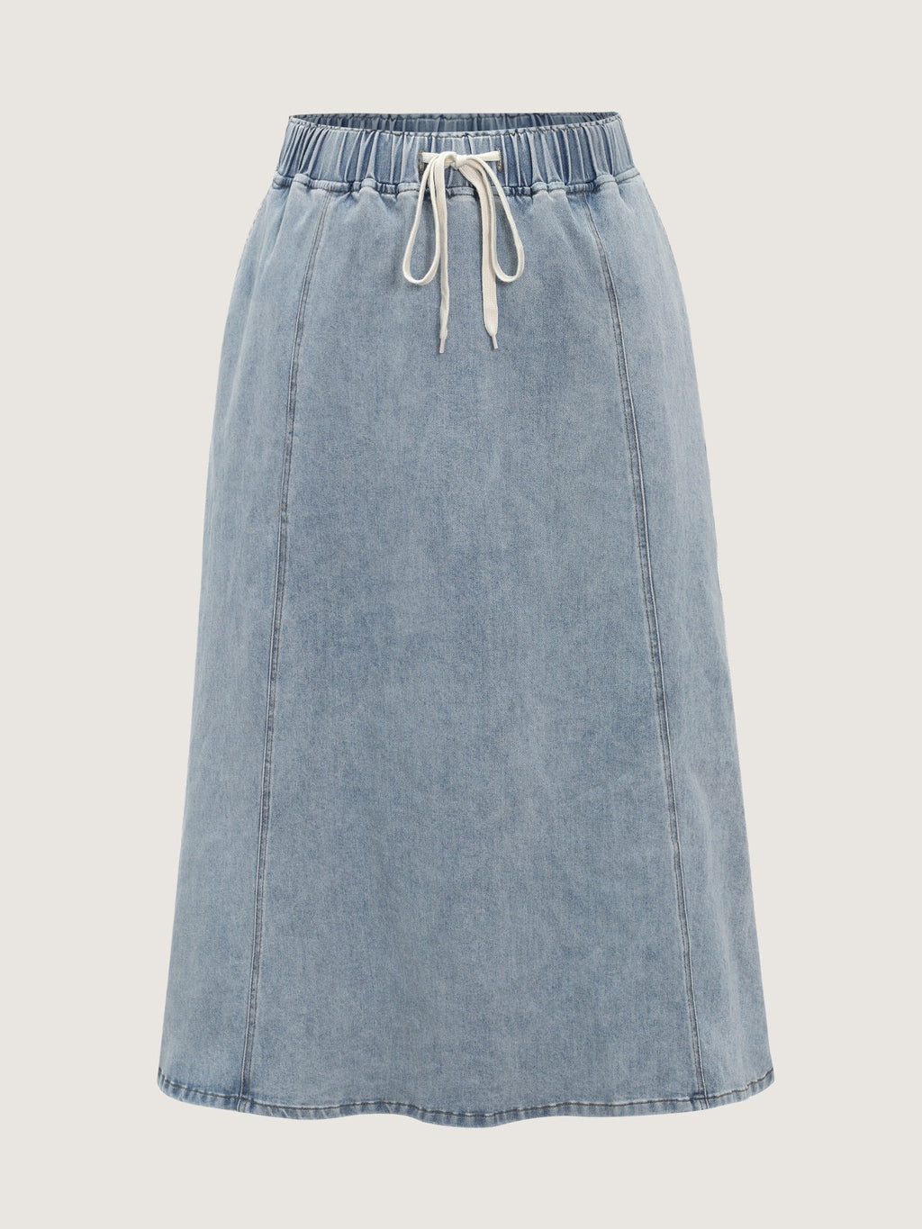 Drawstring Elastic Waist Washed Denim Midi Skirt