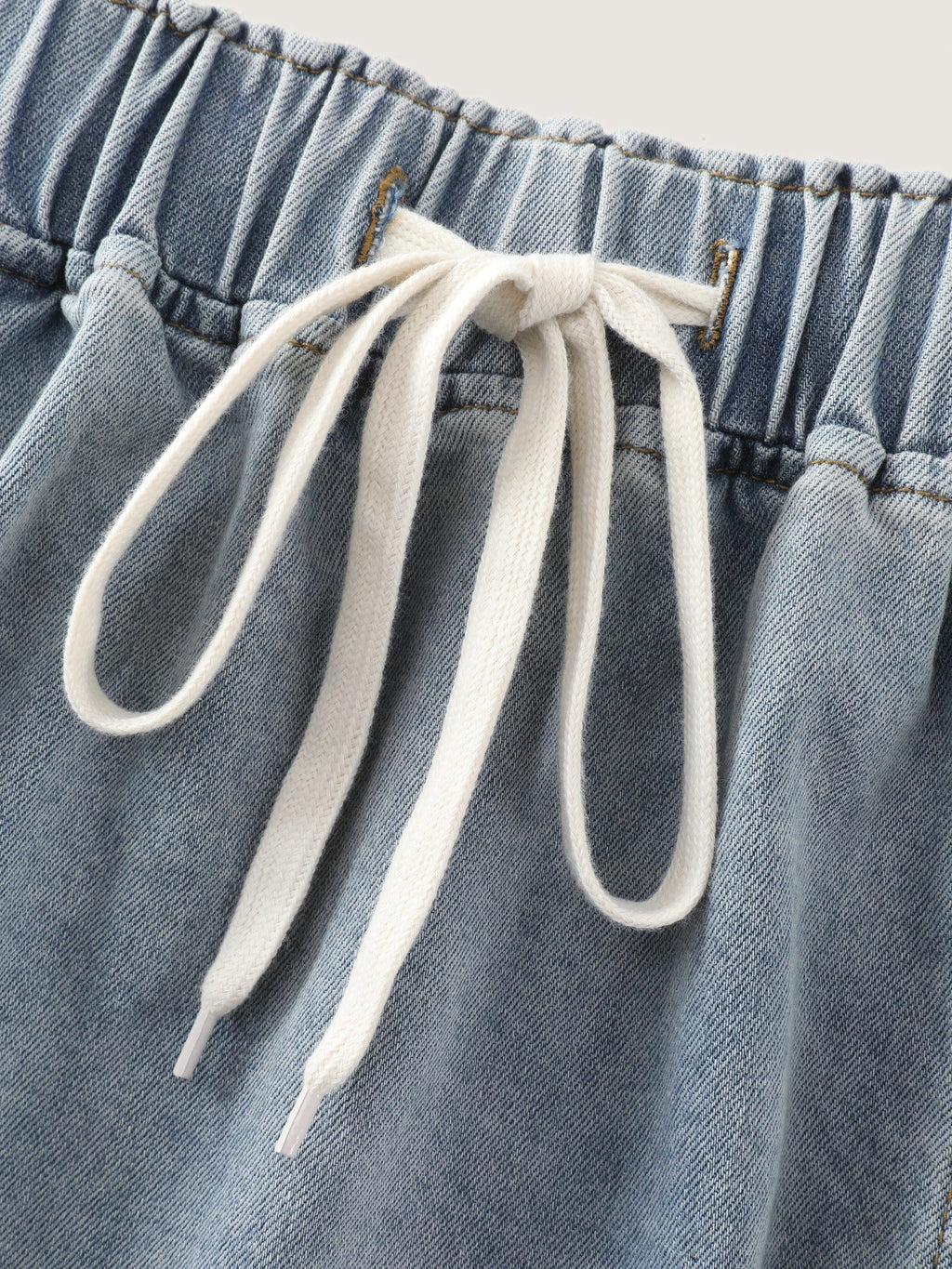 Drawstring Elastic Waist Washed Denim Midi Skirt
