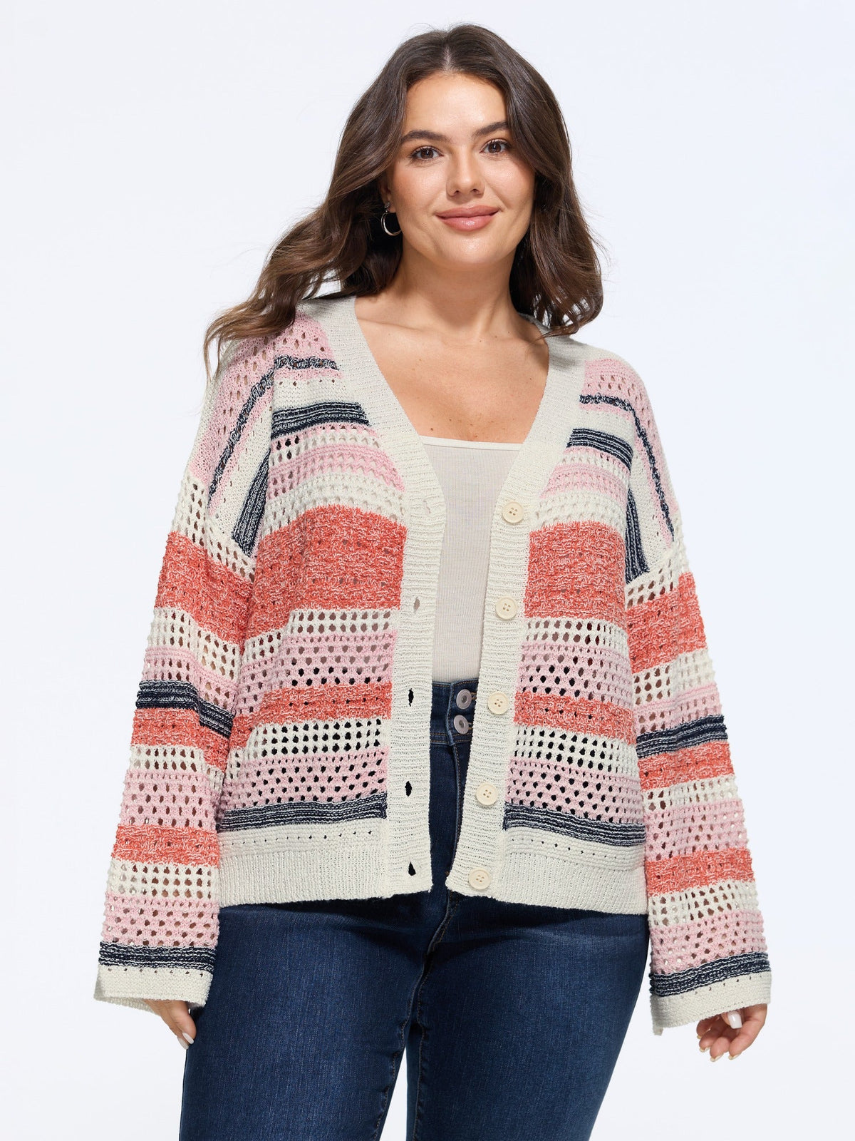 V Neck Striped Cut Out Button Down Cardigan