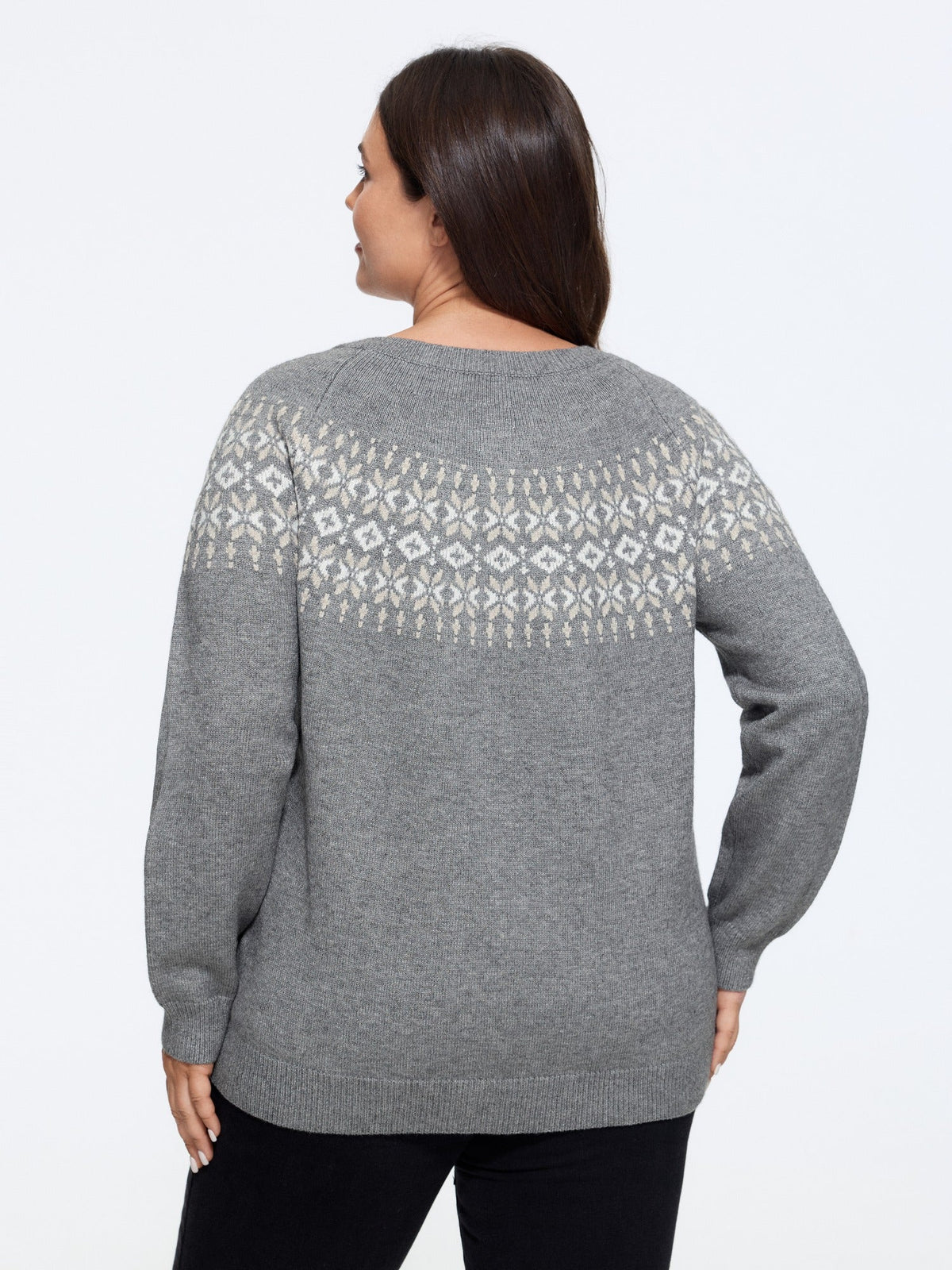 Crew Neck Nordic Jacquard Button Front Cardigan