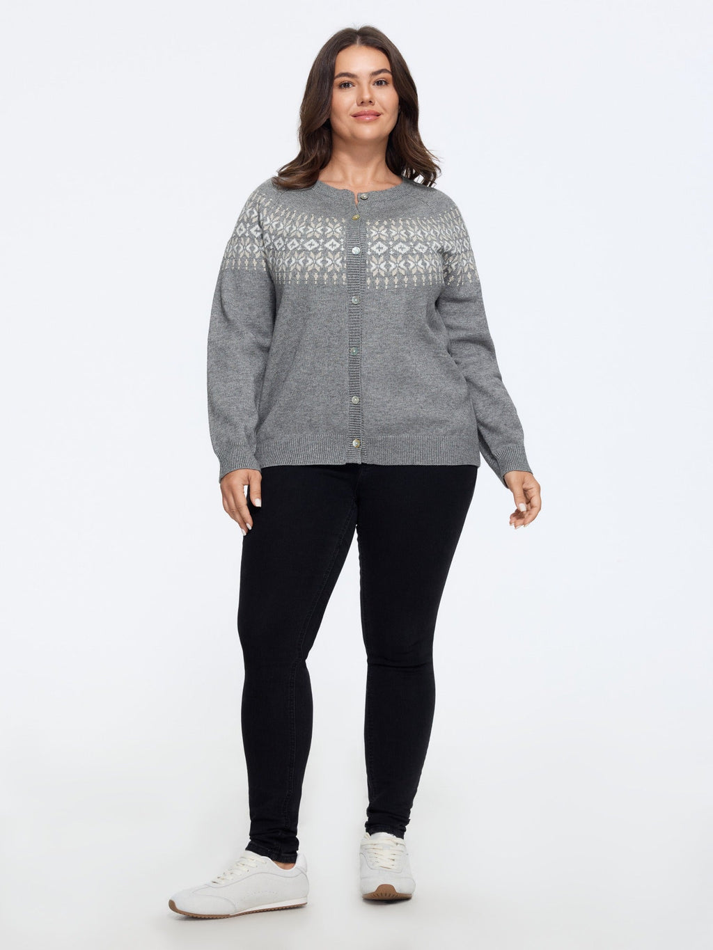 Crew Neck Nordic Jacquard Button Front Cardigan