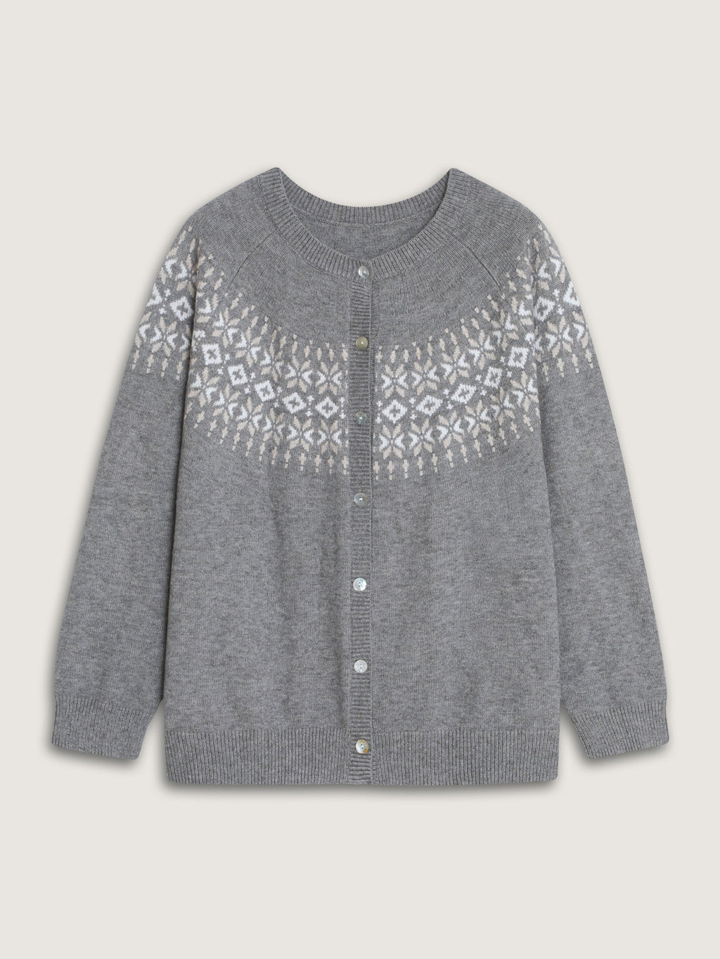 Crew Neck Nordic Jacquard Button Front Cardigan