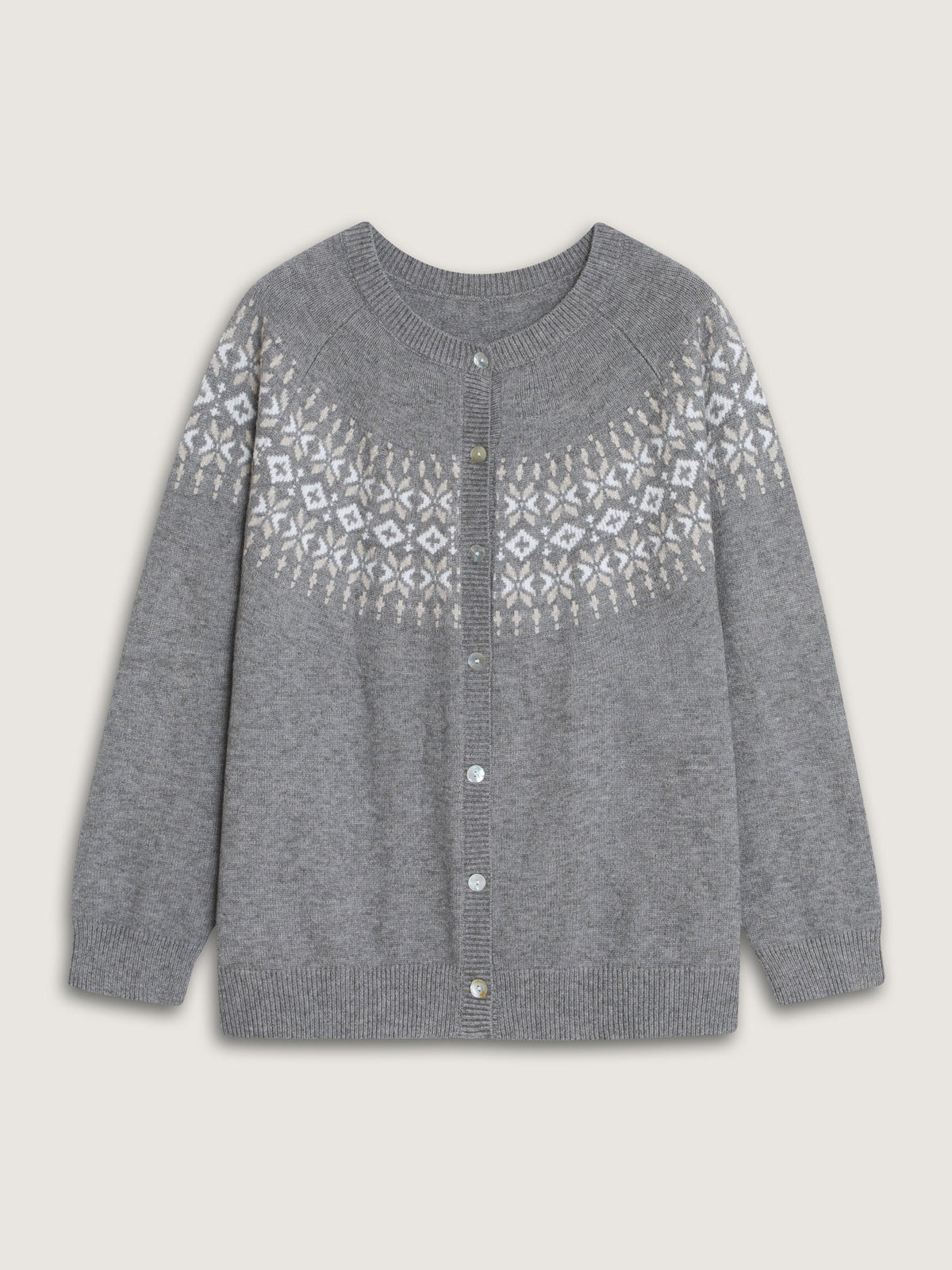Crew Neck Nordic Jacquard Button Front Cardigan