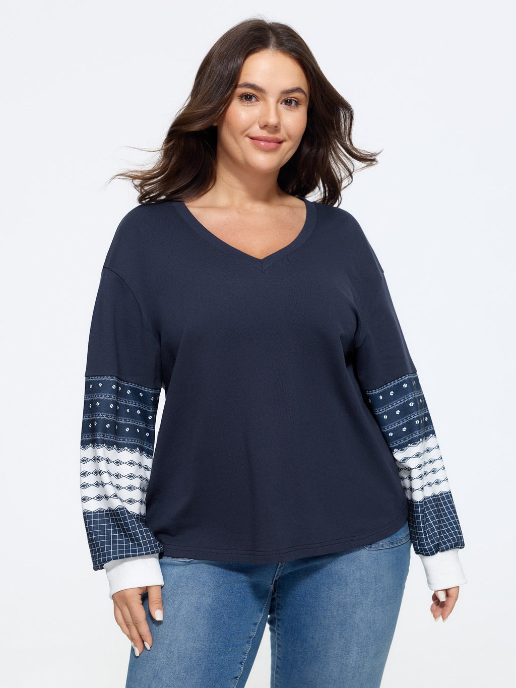 Cotton V Neck Patchwork Long Sleeve Sweatshirt
