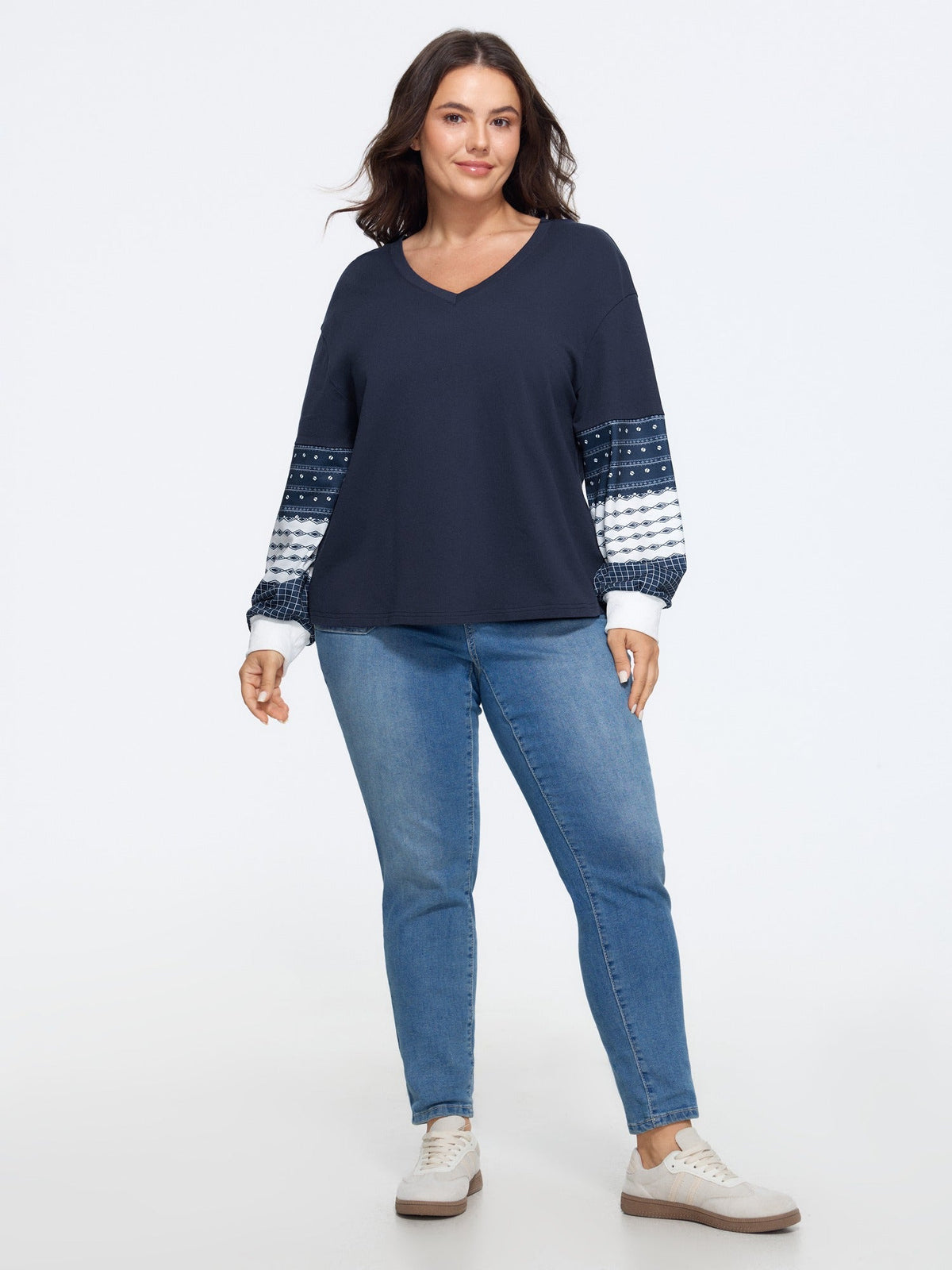 Cotton V Neck Patchwork Long Sleeve Sweatshirt