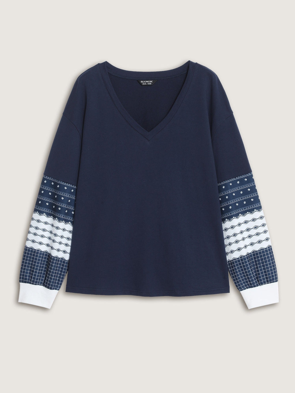 Cotton V Neck Patchwork Long Sleeve Sweatshirt