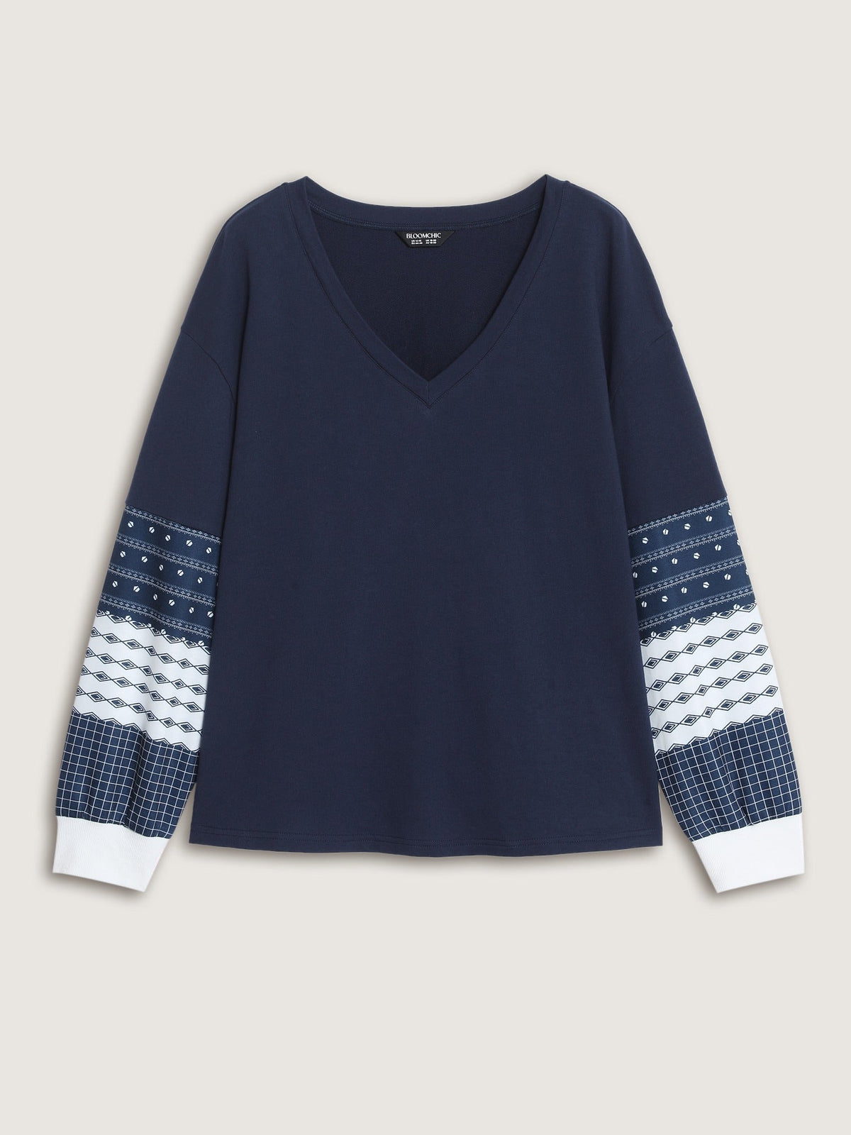 Cotton V Neck Patchwork Long Sleeve Sweatshirt