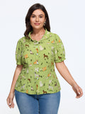 Animal Print Puff Sleeve Button‑Front Blouse
