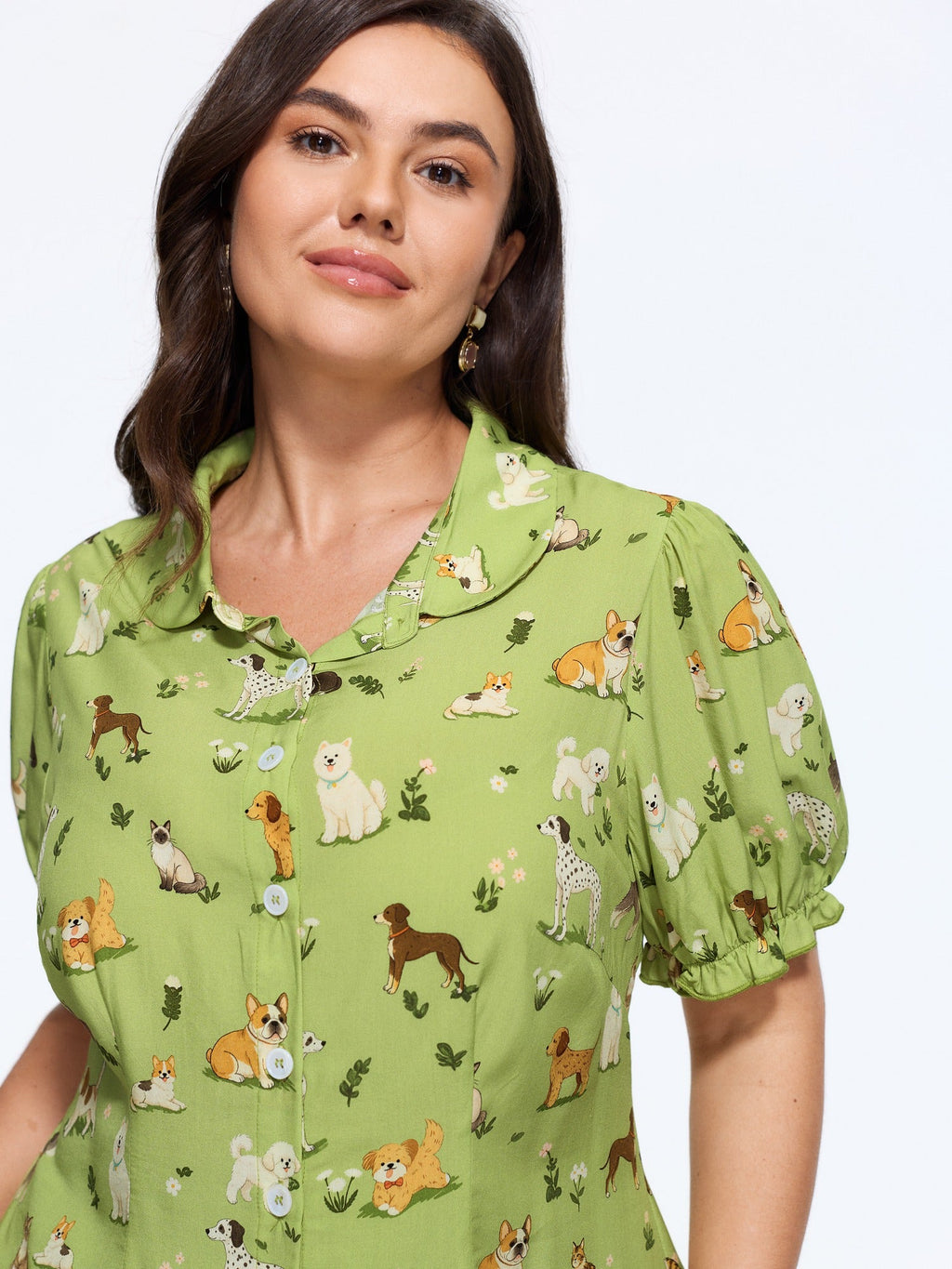 Animal Print Puff Sleeve Button‑Front Blouse