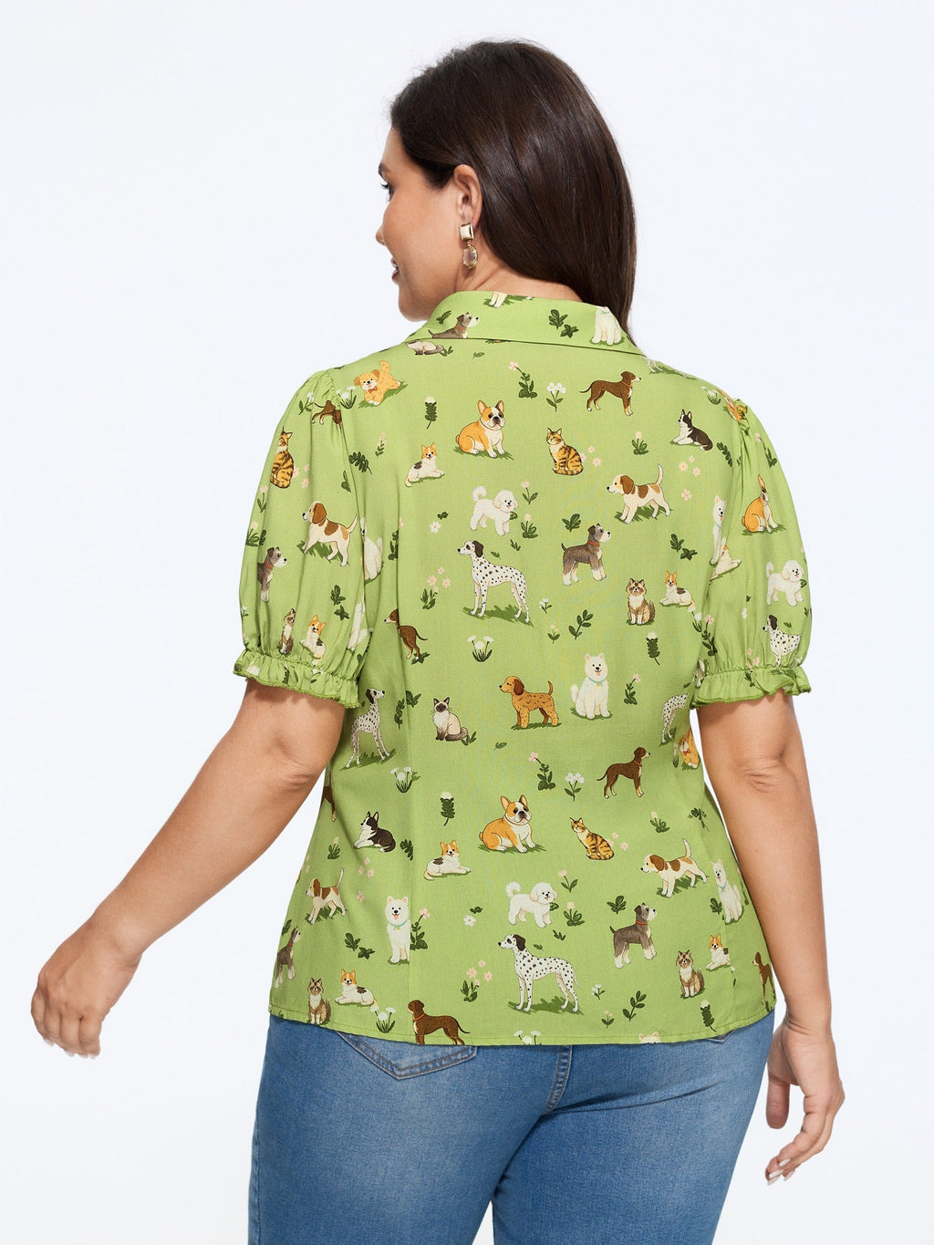 Animal Print Puff Sleeve Button‑Front Blouse