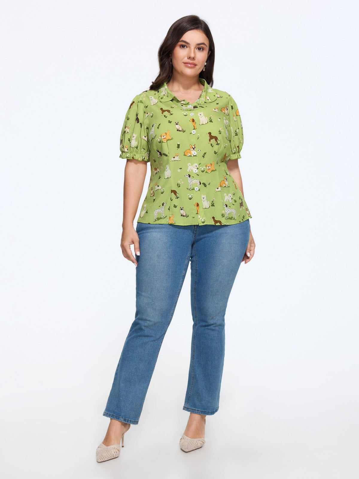 Animal Print Puff Sleeve Button‑Front Blouse