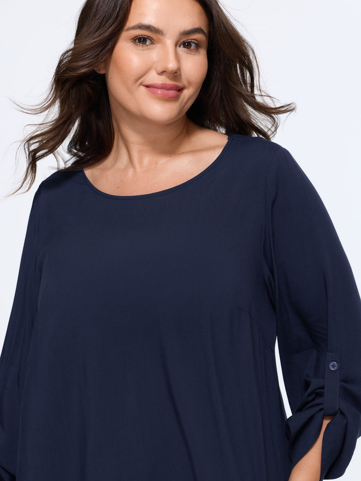 Roll‑Tab Sleeve Layered Asymmetrical Hem Blouse