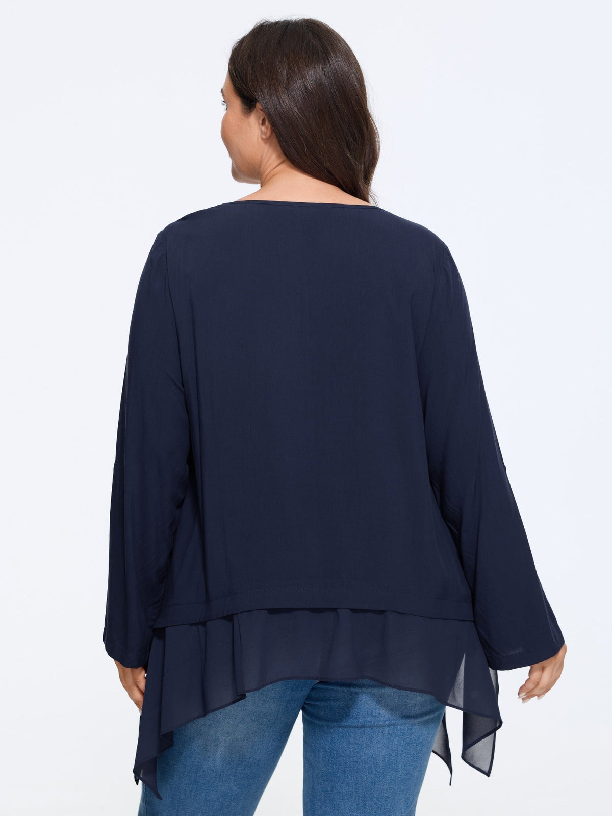 Roll‑Tab Sleeve Layered Asymmetrical Hem Blouse
