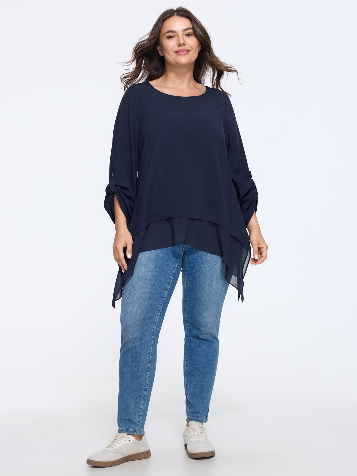 Roll‑Tab Sleeve Layered Asymmetrical Hem Blouse