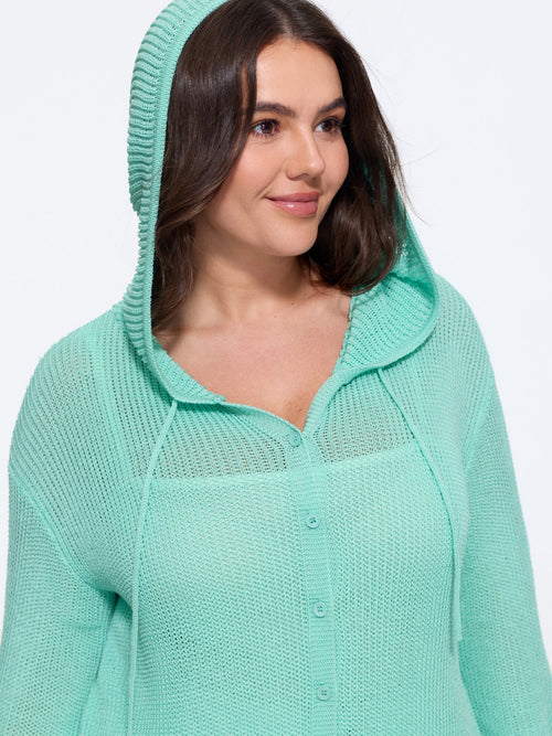 Button‑Front Breathable Drawstring Hooded Cardigan