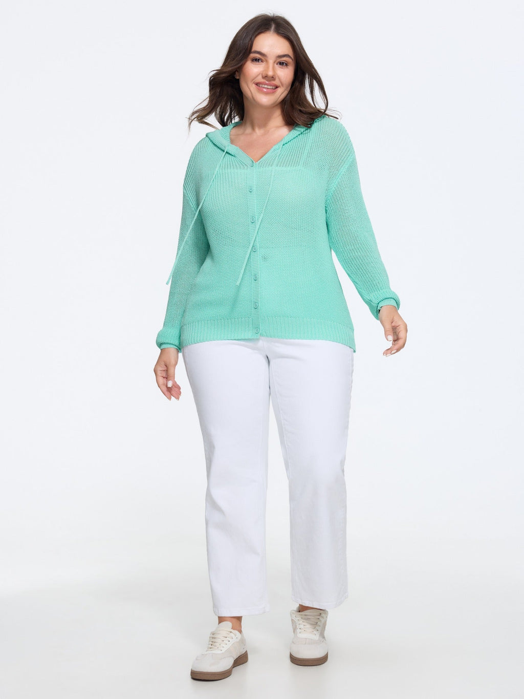 Button‑Front Breathable Drawstring Hooded Cardigan