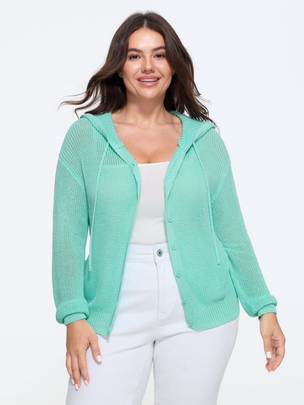 Button‑Front Breathable Drawstring Hooded Cardigan