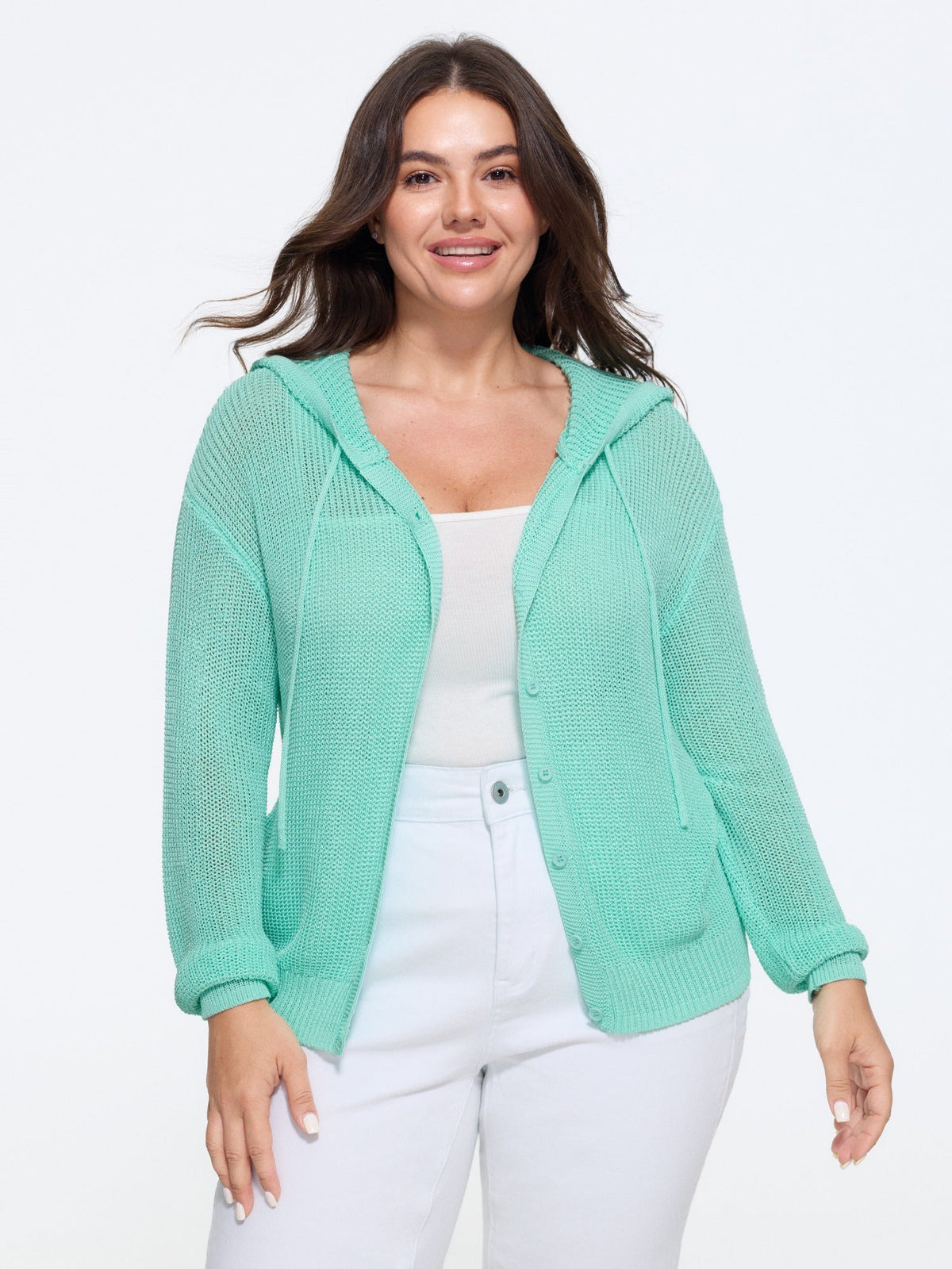 Button‑Front Breathable Drawstring Hooded Cardigan