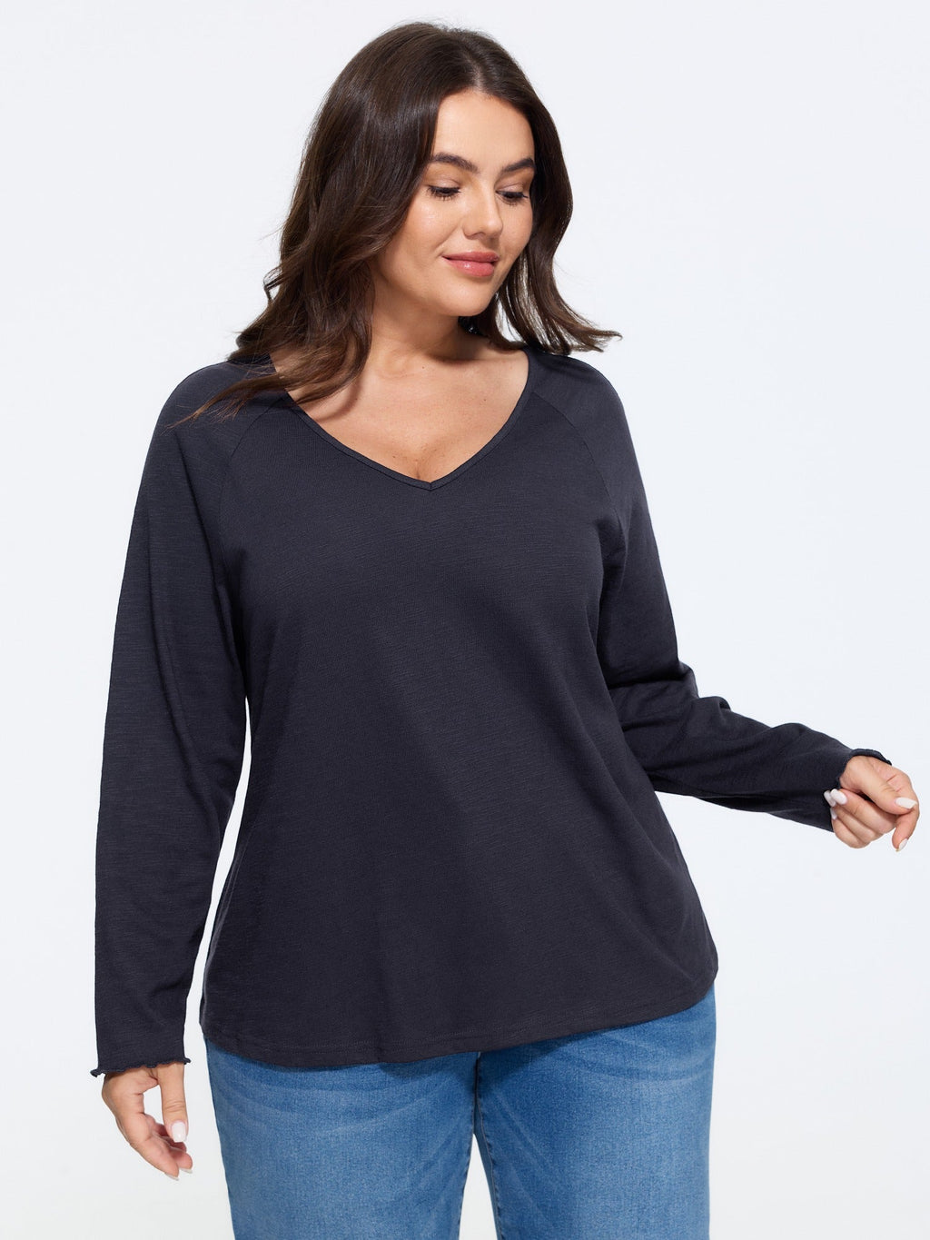 Textured V‑Neck Raglan Long Sleeve Basic T-Shirt