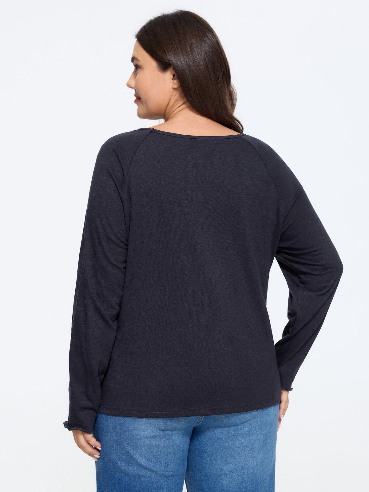 Textured V‑Neck Raglan Long Sleeve Basic T-Shirt