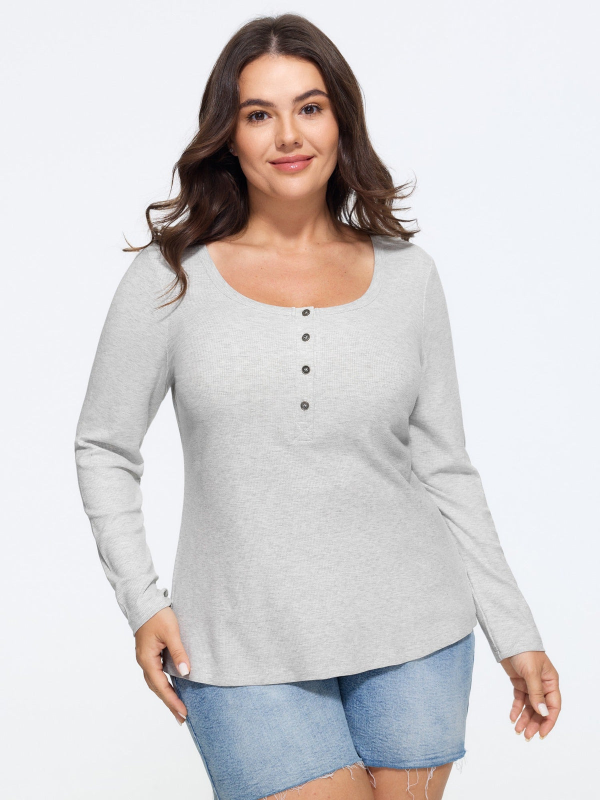 Supersoft Solid Button Detail Ribbed Knit T-Shirt