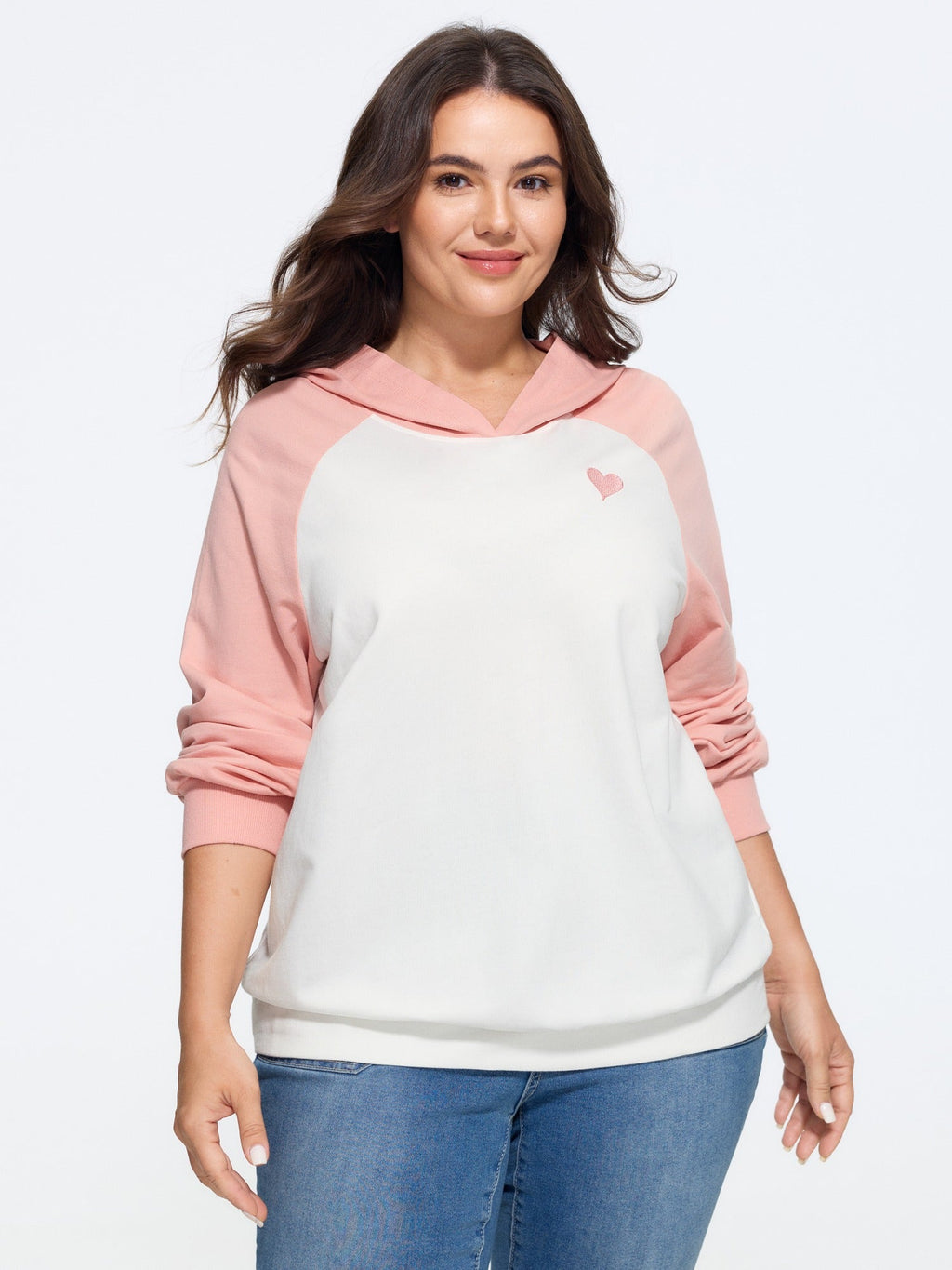 Cotton Color‑Block Heart Embroidered Hoodie Sweatshirt