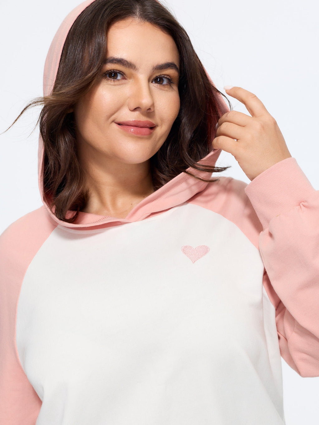 Cotton Color‑Block Heart Embroidered Hoodie Sweatshirt