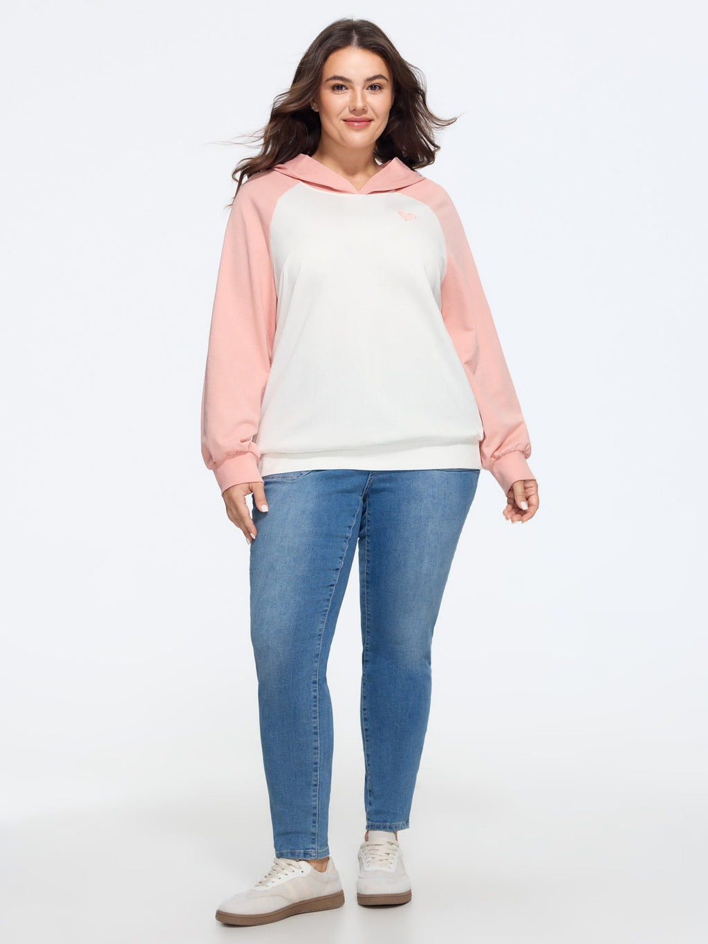 Cotton Color‑Block Heart Embroidered Hoodie Sweatshirt