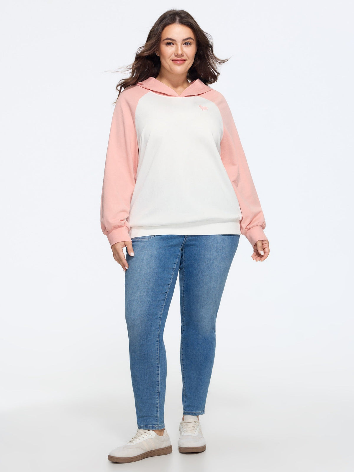 Cotton Color‑Block Heart Embroidered Hoodie Sweatshirt