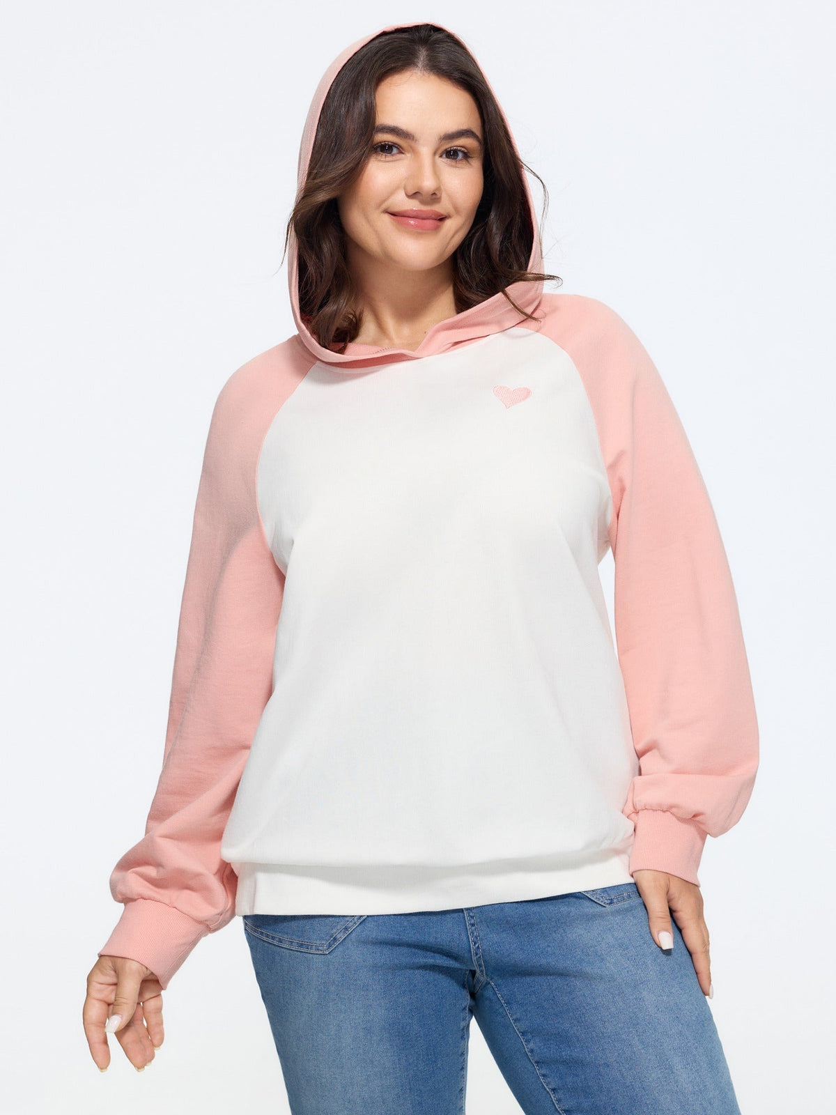 Cotton Color‑Block Heart Embroidered Hoodie Sweatshirt