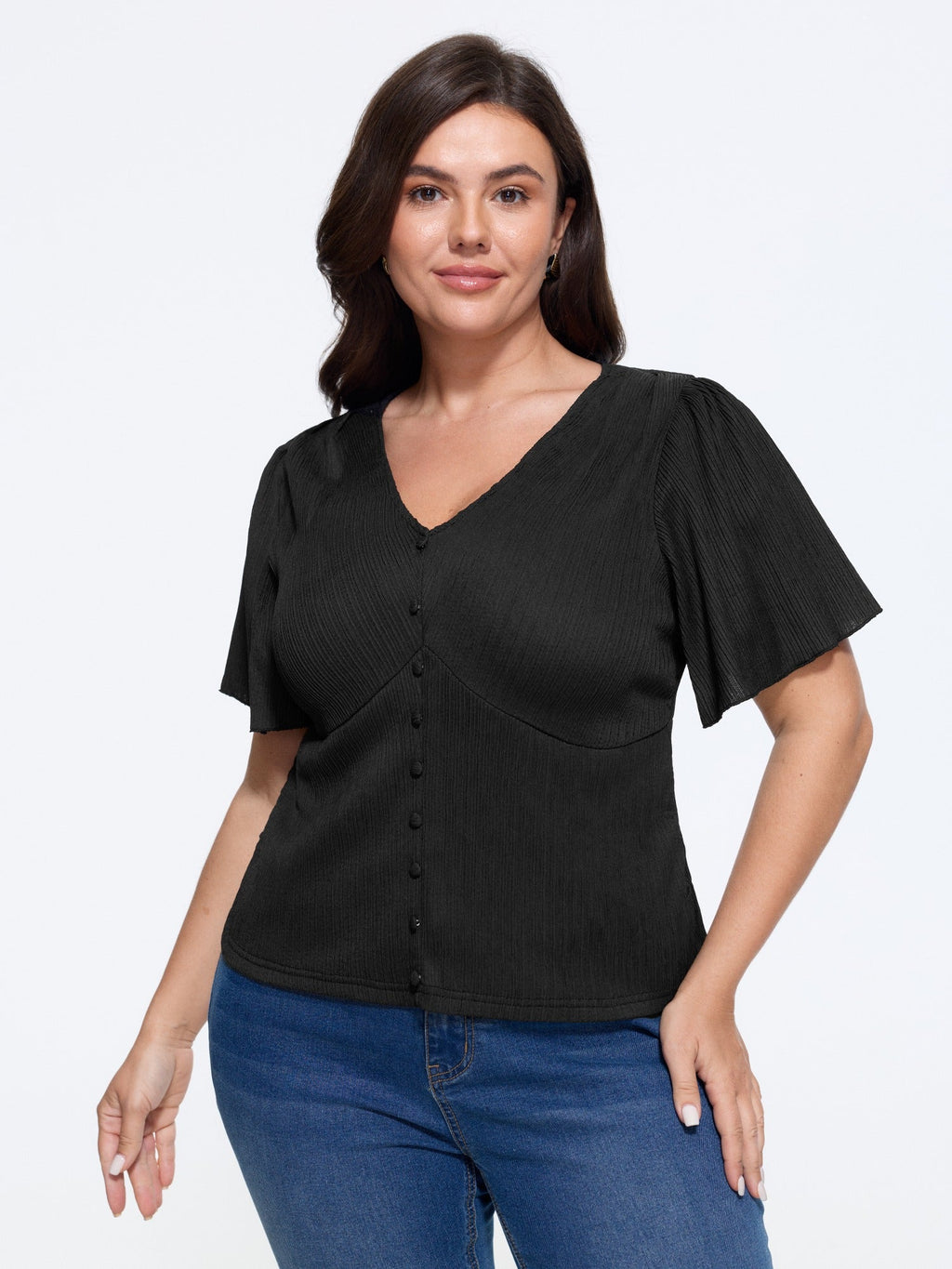 Textured V‑Neck Button Front Ruffled Sleeve Blouse