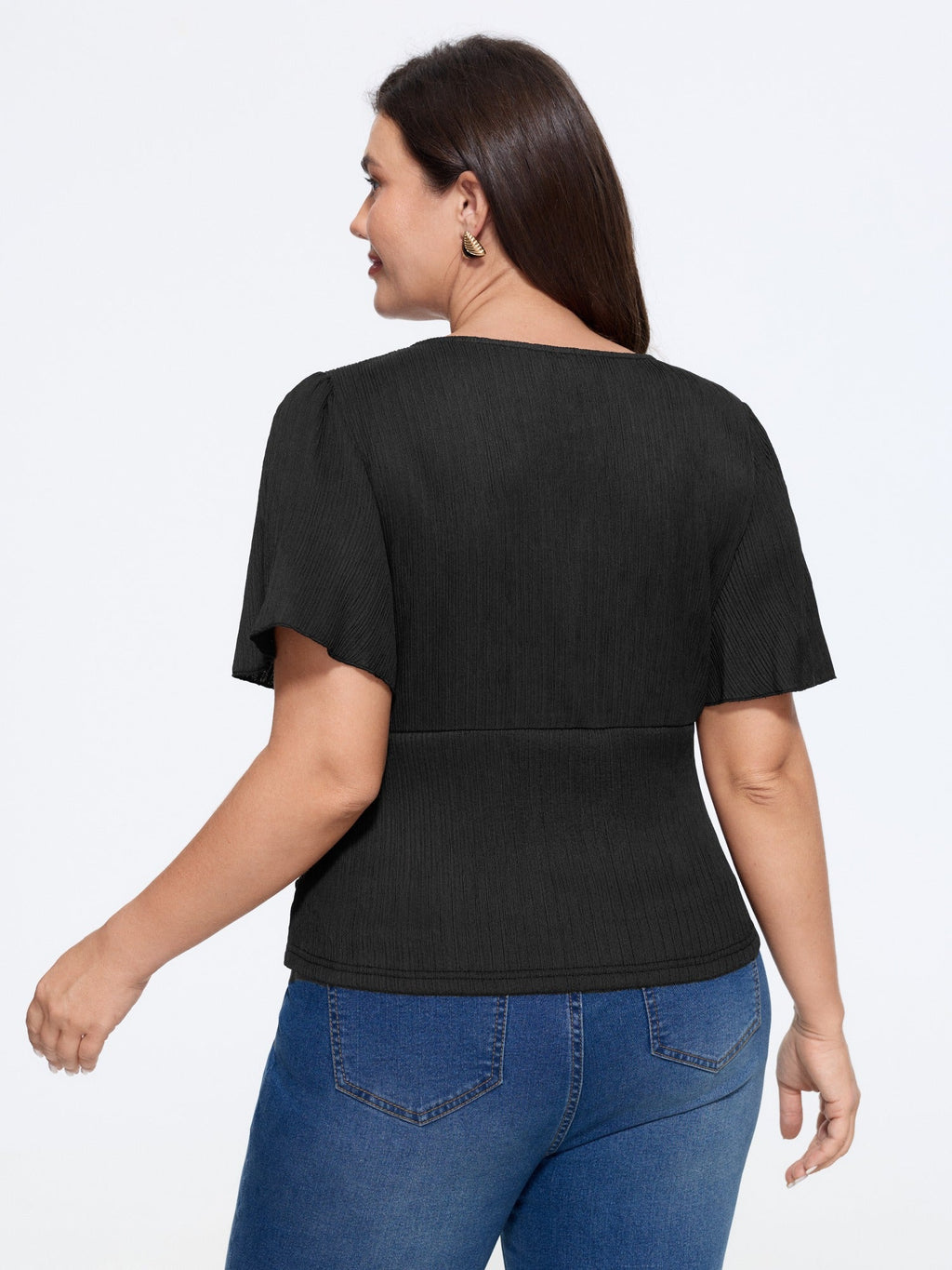 Textured V‑Neck Button Front Ruffled Sleeve Blouse