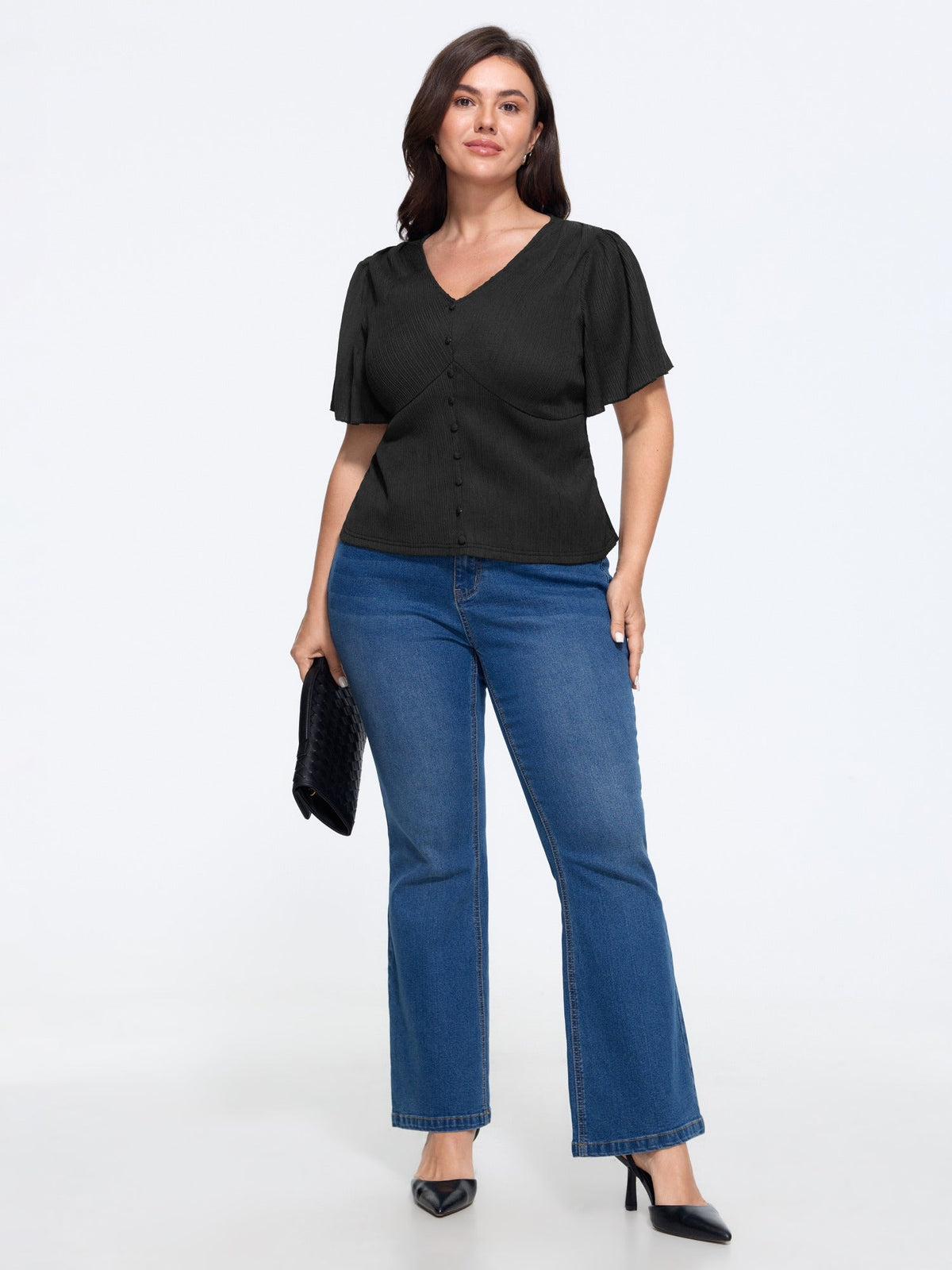 Textured V‑Neck Button Front Ruffled Sleeve Blouse