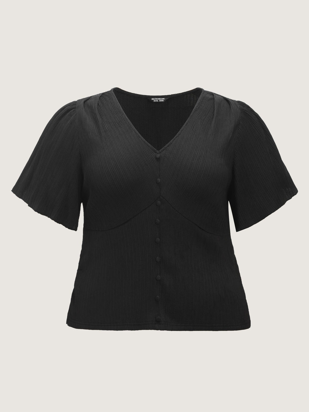 Textured V‑Neck Button Front Ruffled Sleeve Blouse