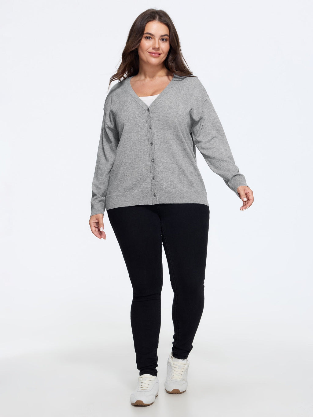 Textured V‑Neck Button Front Relaxed Fit Cardigan