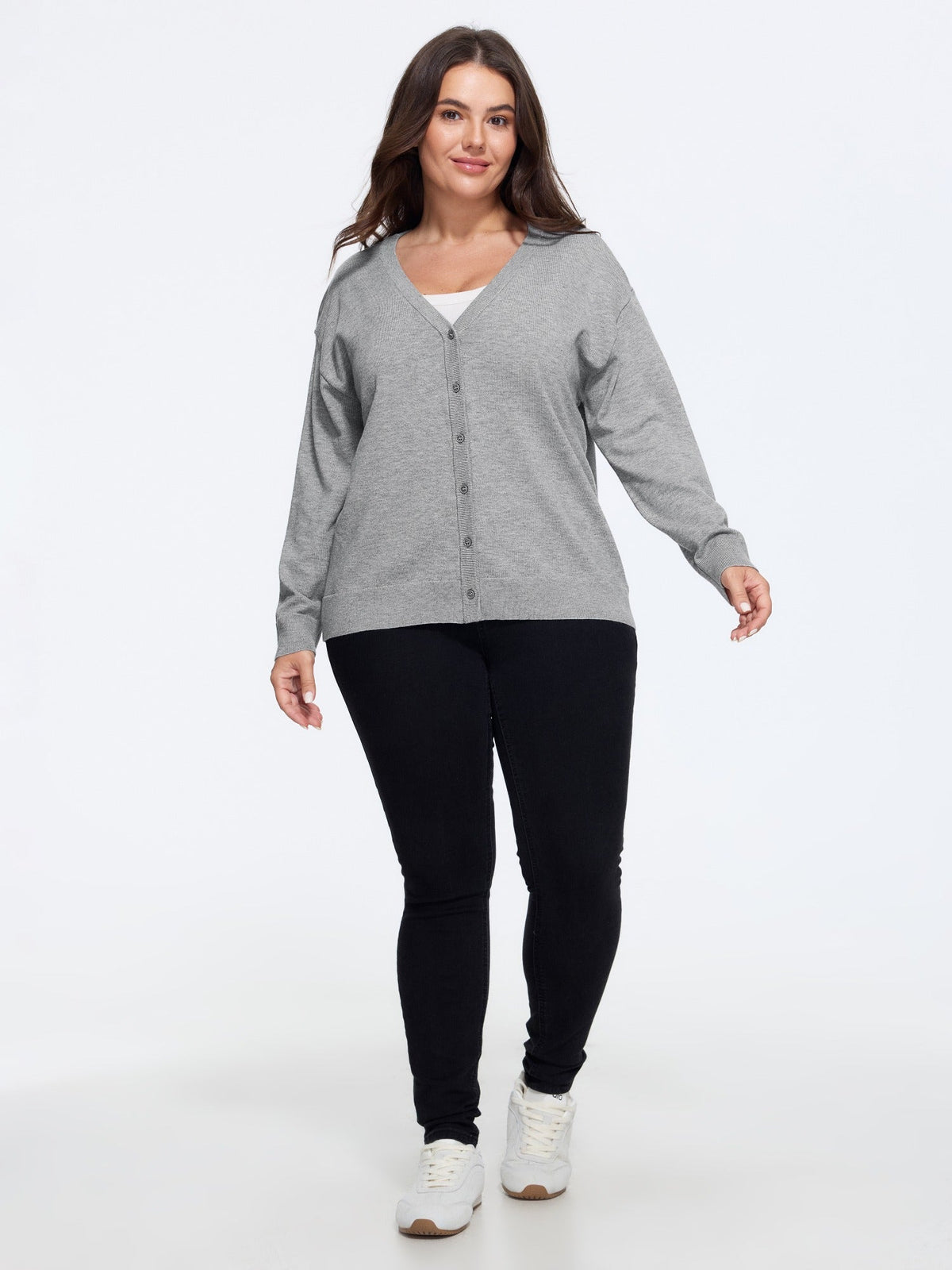 Textured V‑Neck Button Front Relaxed Fit Cardigan