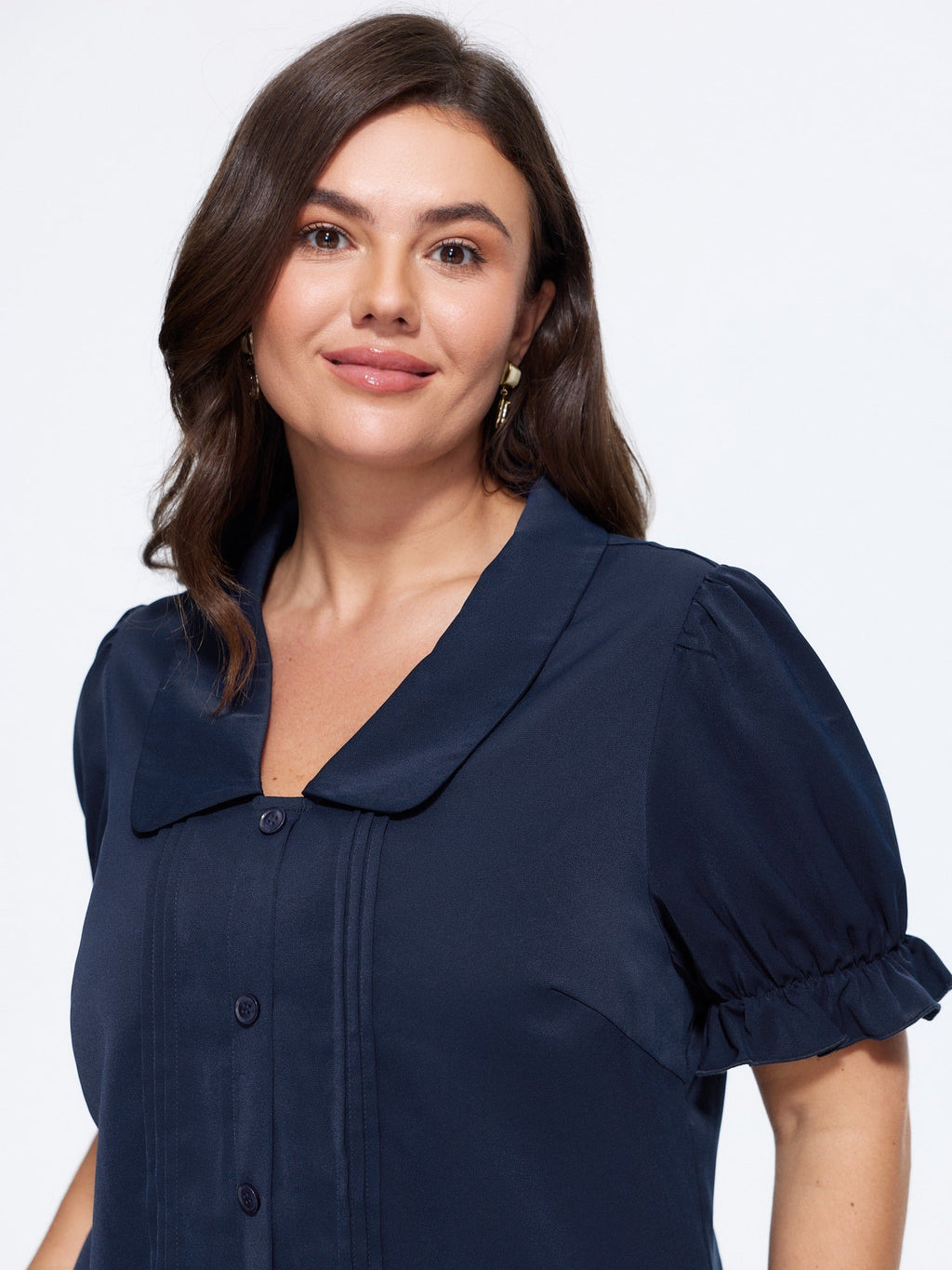 Puff Sleeve Ruffle Cuff Pleated Front Button Blouse