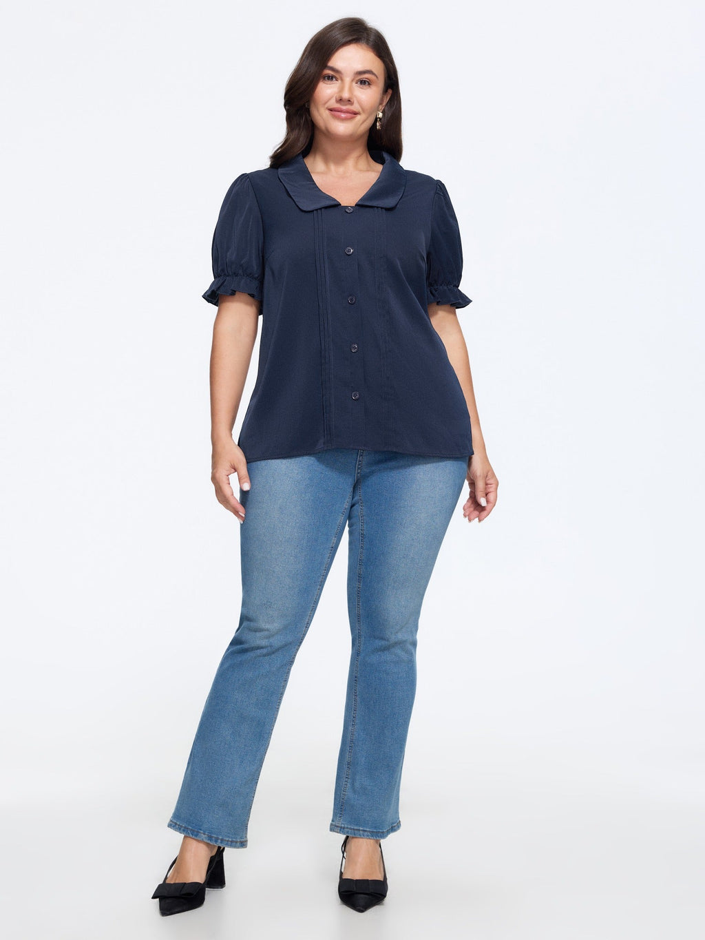 Puff Sleeve Ruffle Cuff Pleated Front Button Blouse