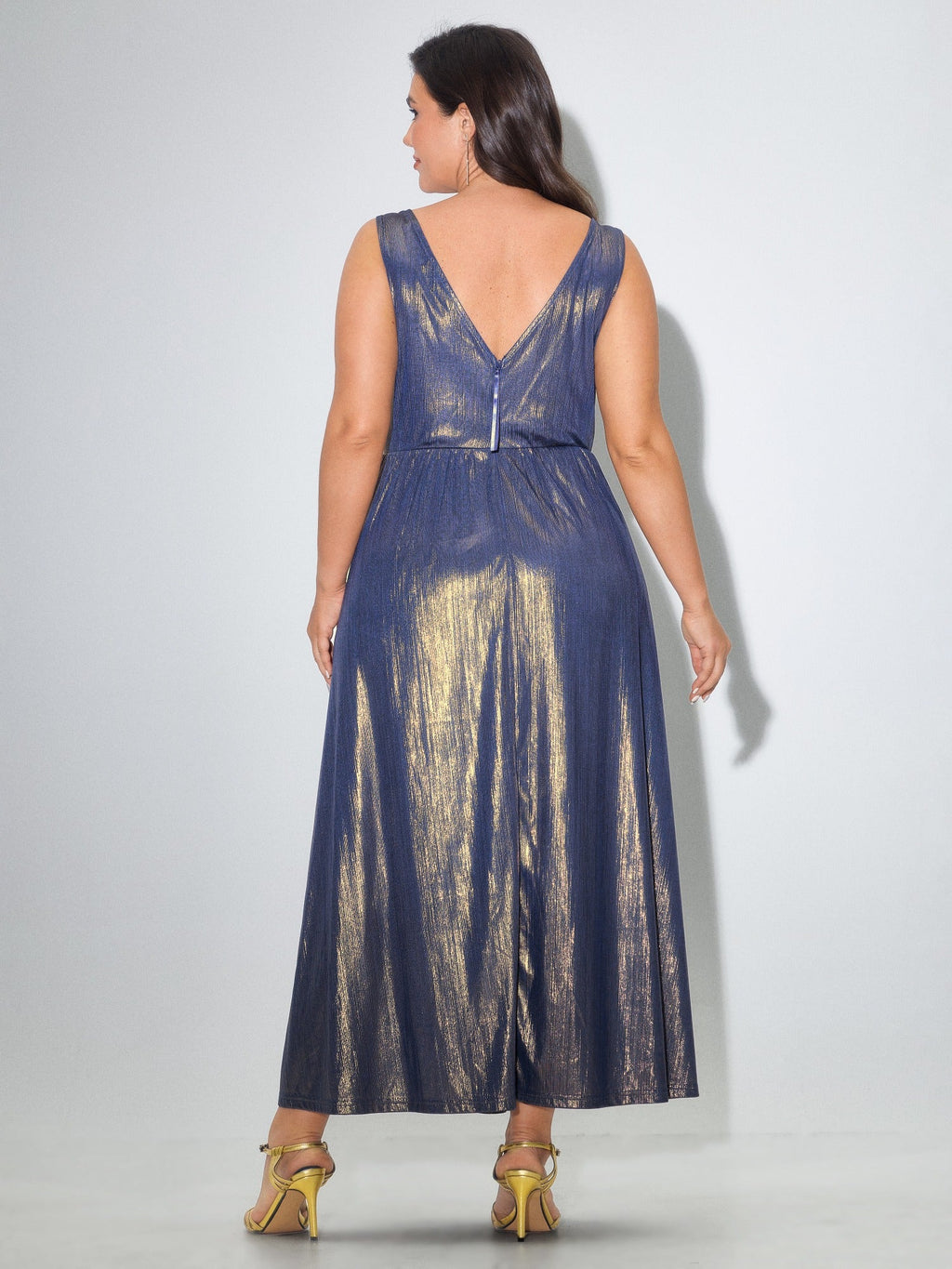 Stretchy Metallic Shimmer V-Neck Pockets Maxi Dress