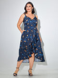 Butterfly Print Ruffle High-Low Hem Midi Dress