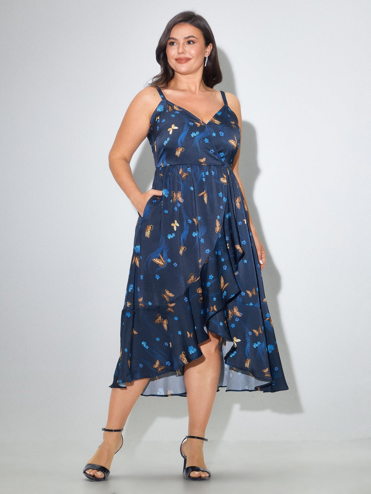 Butterfly Print Ruffle High-Low Hem Midi Dress